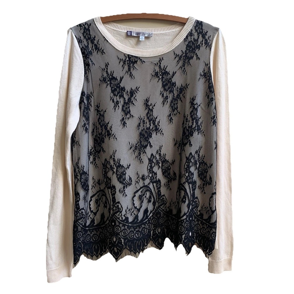 Jennifer Lopez Women's Top Lace Over Round Neck Long Sleeve Sweater SZ-Medium